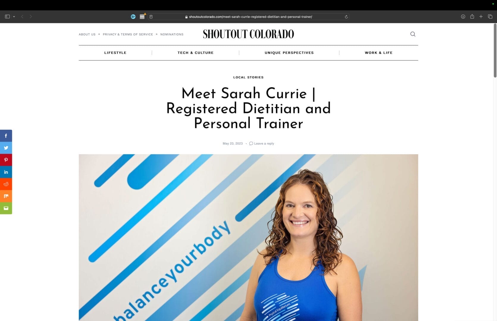 Image screenshot of Sarah Currie's article on shoutoutcolorado.com, showcasing her insights on balancing passion and purpose at Physical Equilibrium.